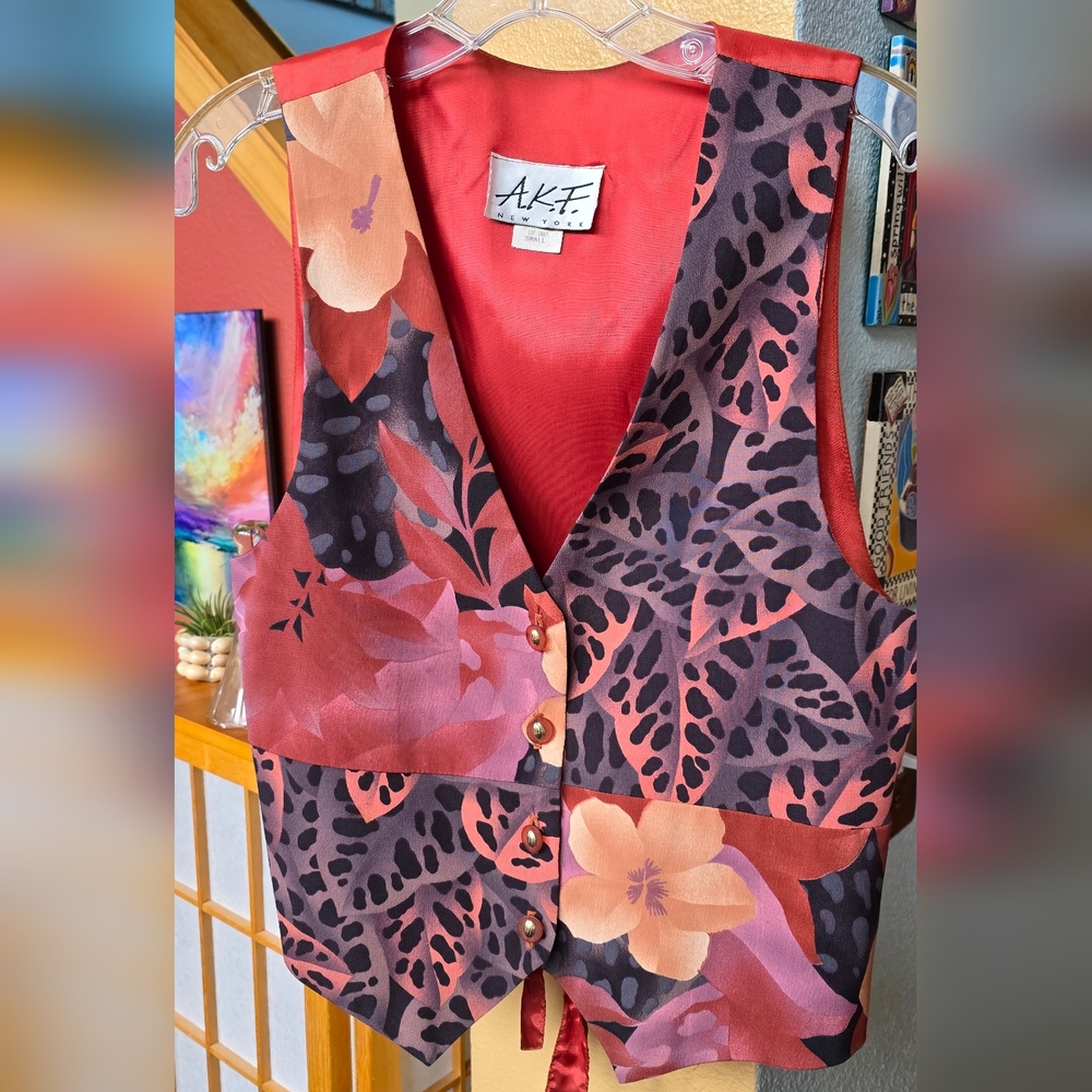 Vintage A.K.F. Hibiscus Tropical print Vest Size Small - Picture 9 of 10